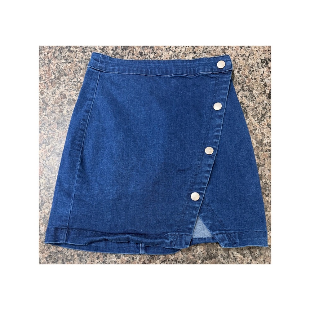 Harper Heritage Blue Denim Mini Skirt Asymmetrical Button Wrap BJDW328ES XS